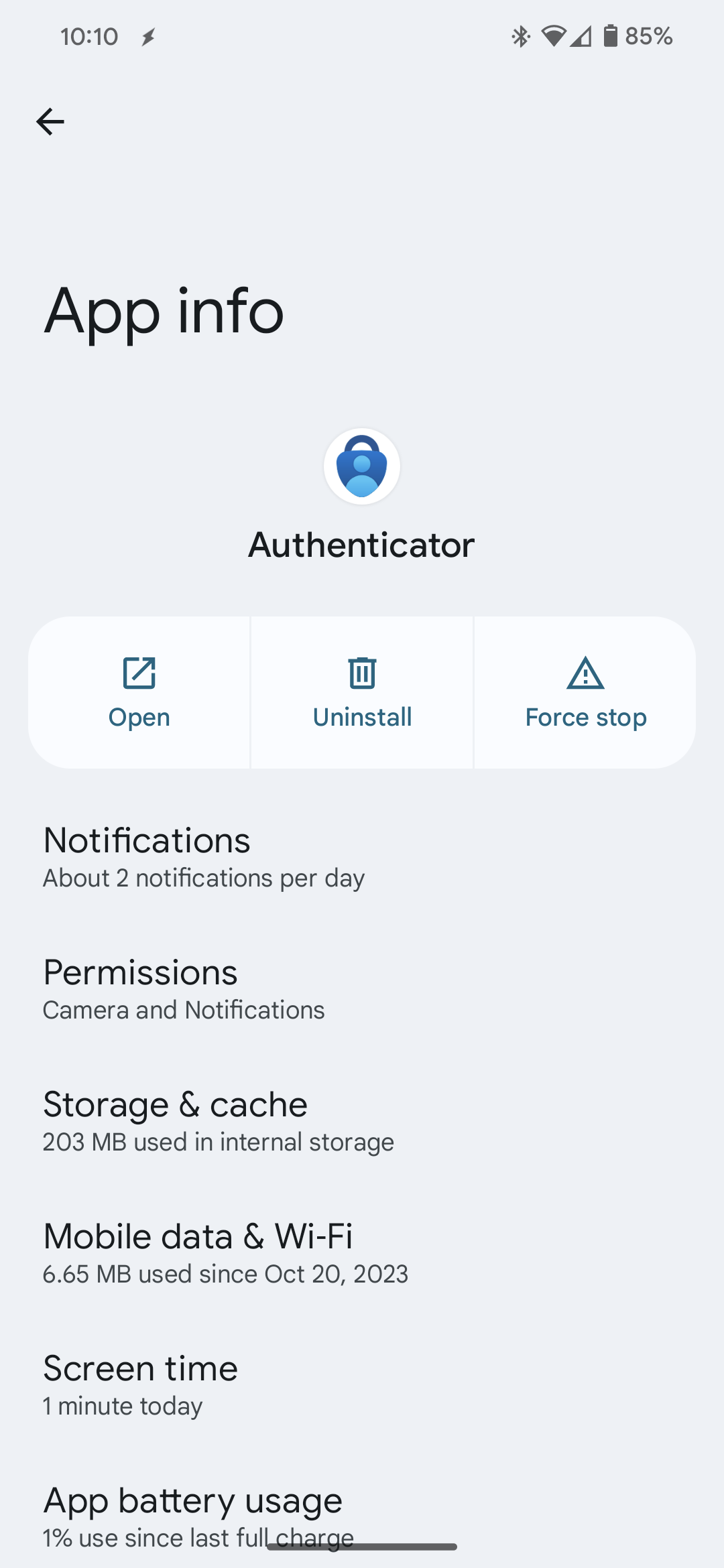 Screenshot showing Notifications, Permissions options for MS Authenticator App properties
