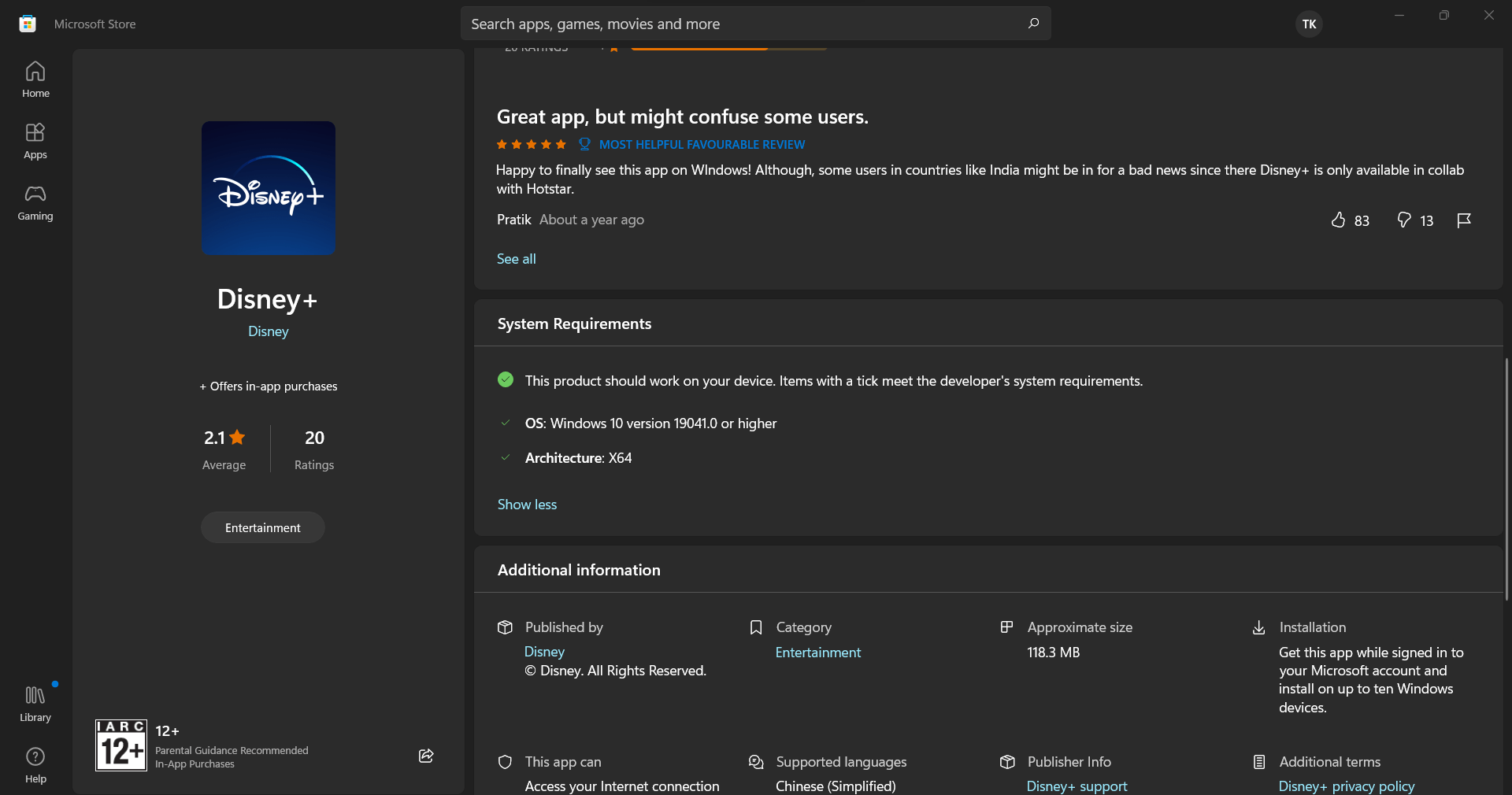 Install or Get button not showing in Microsoft store for Disney+ app ...