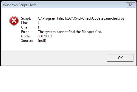 The system cannot find the file specified. c:\program files(x86)\Xvid ...