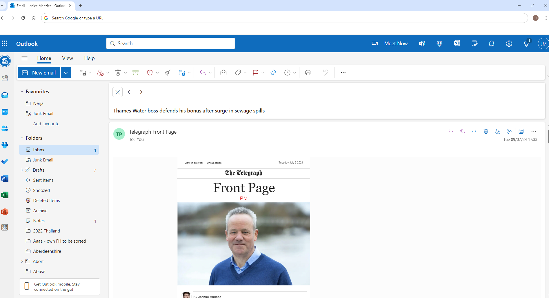 Screenshot of Outlook mail page 9 JUly 2024