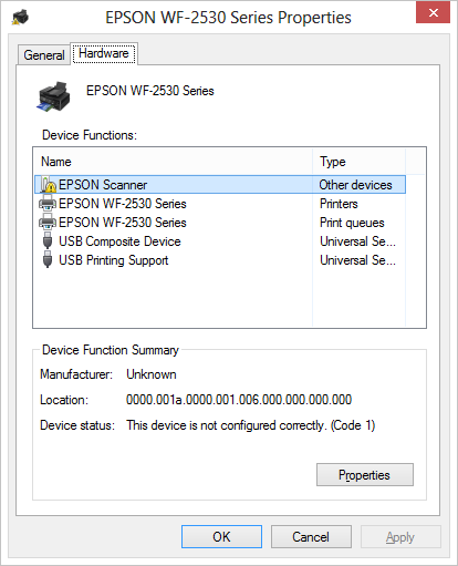 Epson Workforce WF-2530 scanner driver won't install