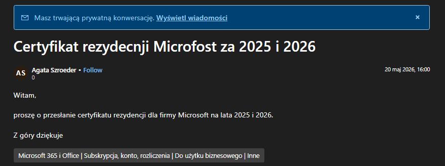 Certyfikat rezydecnji Microfost za 2025 i 2026 - Microsoft Q&A