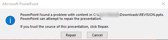 'PowerPoint found a problem with the content in...' PPTX error message ...