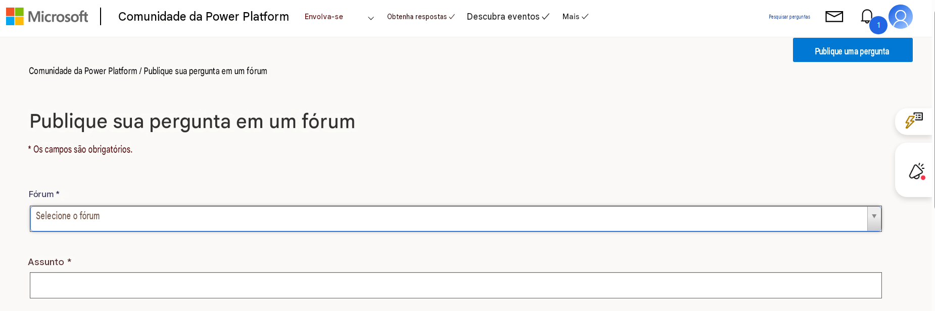 MicrosoftComunidade da Power PlatformEnvolva-seObtenha respostas ✓Descubra eventos ✓Mais ✓Pesquisar perguntasPublique uma pergunta▼Comunidade da Power Platform / Publique sua pergunta em um fórumPublique sua pergunta em um fórum* Os campos são obrigatórios.Fórum *Selecione o fórumAssunto *