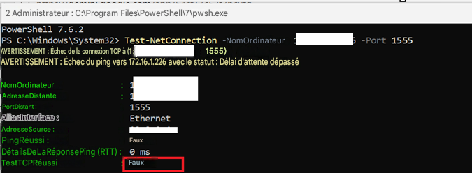 2 Administrateur : C:\Program Files\PowerShell\7\pwsh.exePowerShell 7.6.2PS C:\Windows\System32> Test-NetConnection-NomOrdinateur-Port 1555AVERTISSEMENT : Échec de la connexion TCP à (1 :1555)AVERTISSEMENT : Échec du ping vers 172.16.1.226 avec le statut : Délai d'attente dépasséNomOrdinateurAdresseDistantePortDistant :1555AliasInterface :EthernetAdresseSource :PingRéussi :FauxDétailsDeLaRéponsePing (RTT) :0 msTestTCPRéussiFaux
