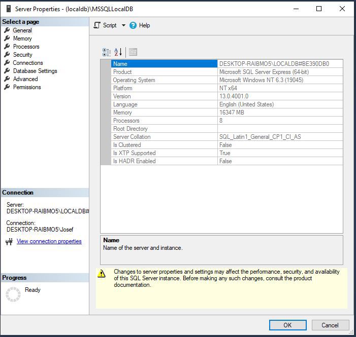 SSMS connected to SQLLocalDB