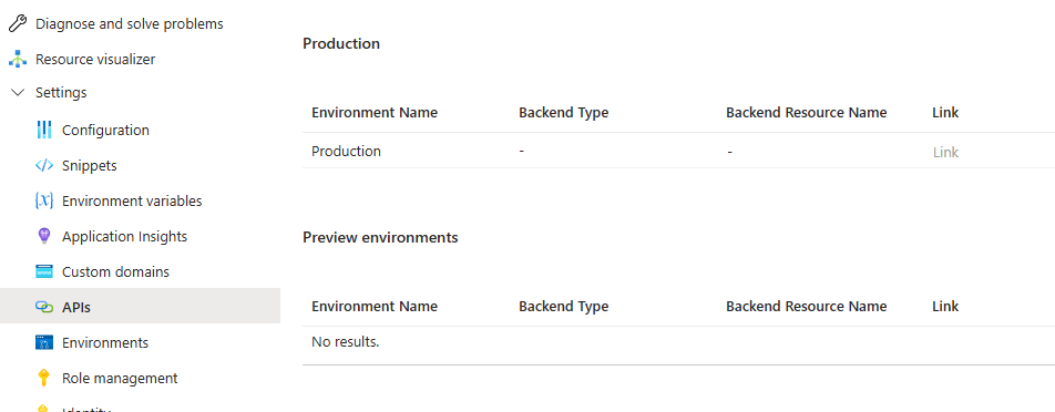 SWA: APIs tab Azure Portal