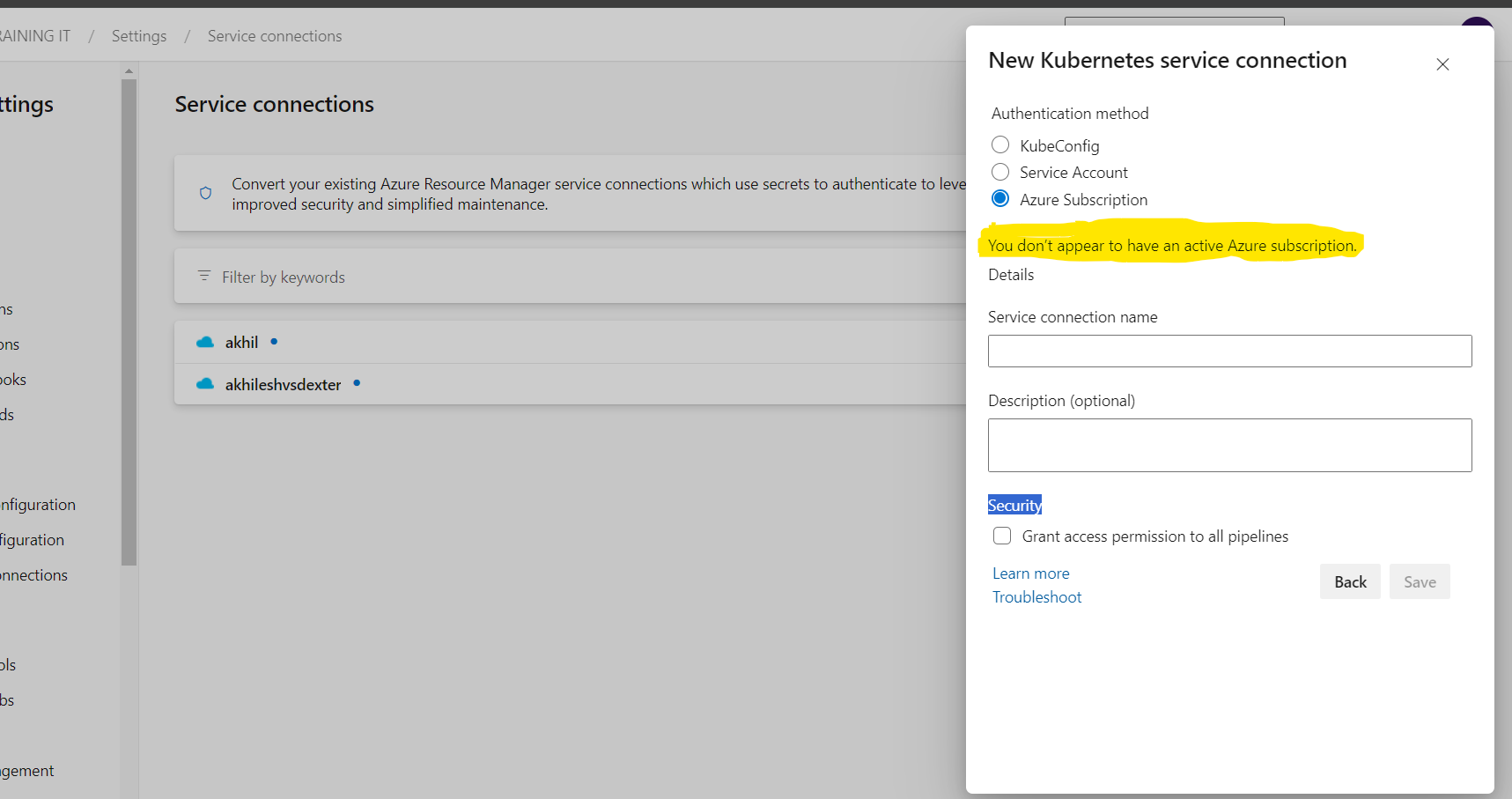 unable to create Kubernetes Service Connection - Microsoft Q&A