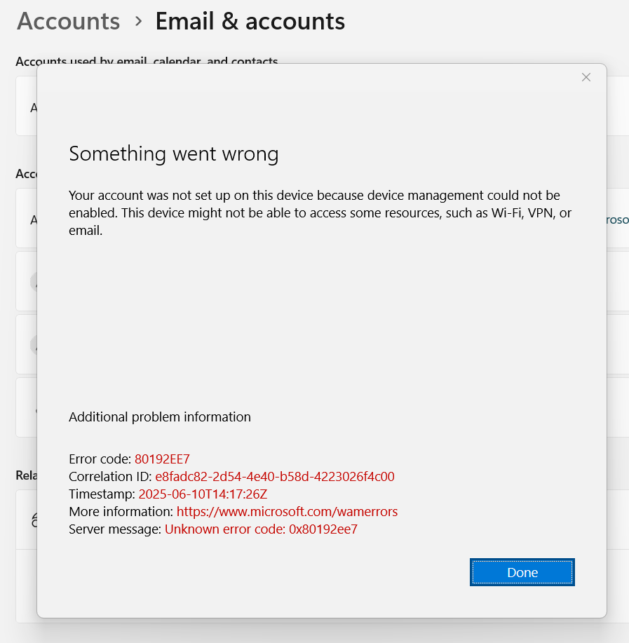 Cannot add my work account to my computer; error code - Microsoft Q&A