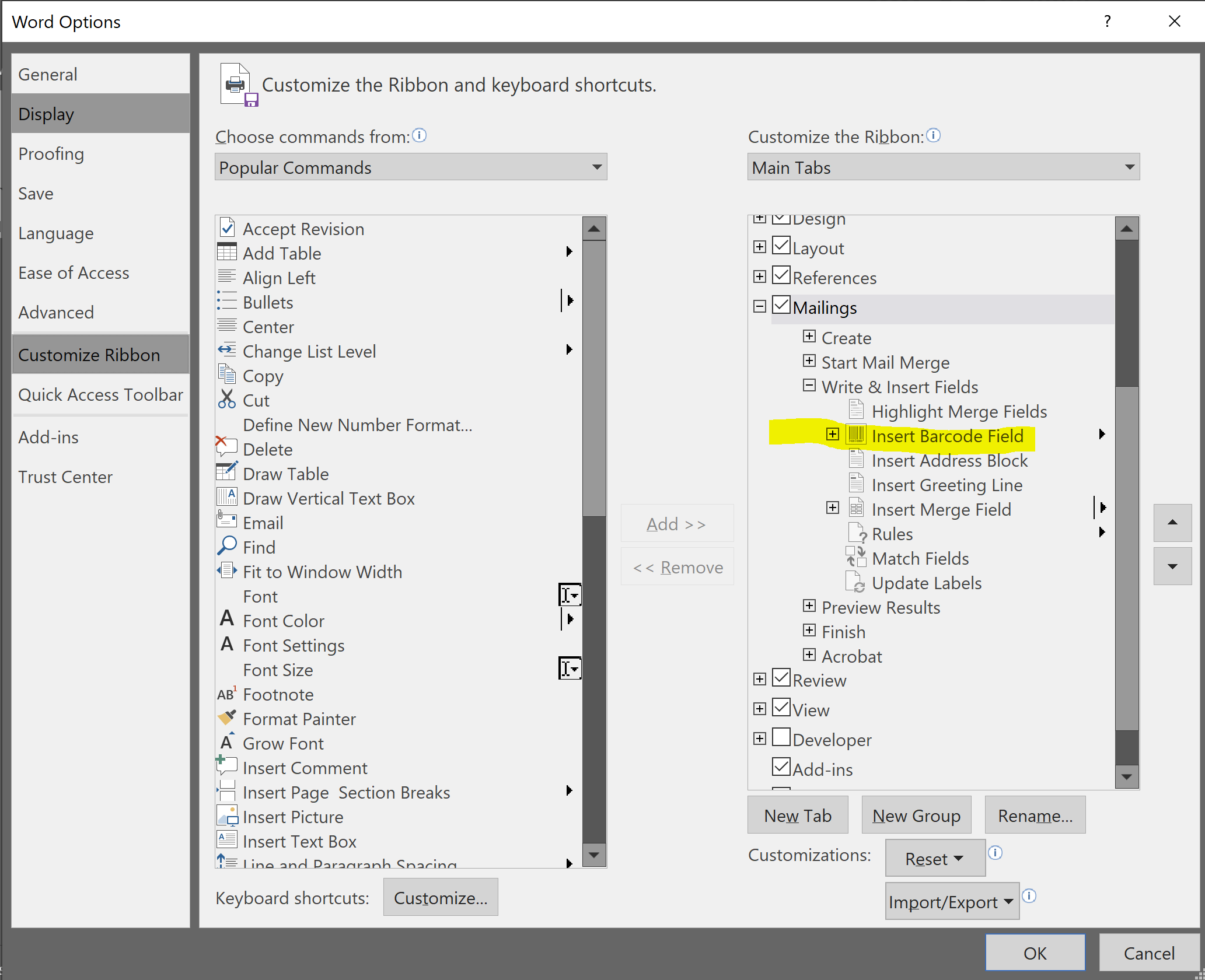 Insert Barcode Field option not showing/not enabled - Microsoft Q\u0026A, image size:2065x1680