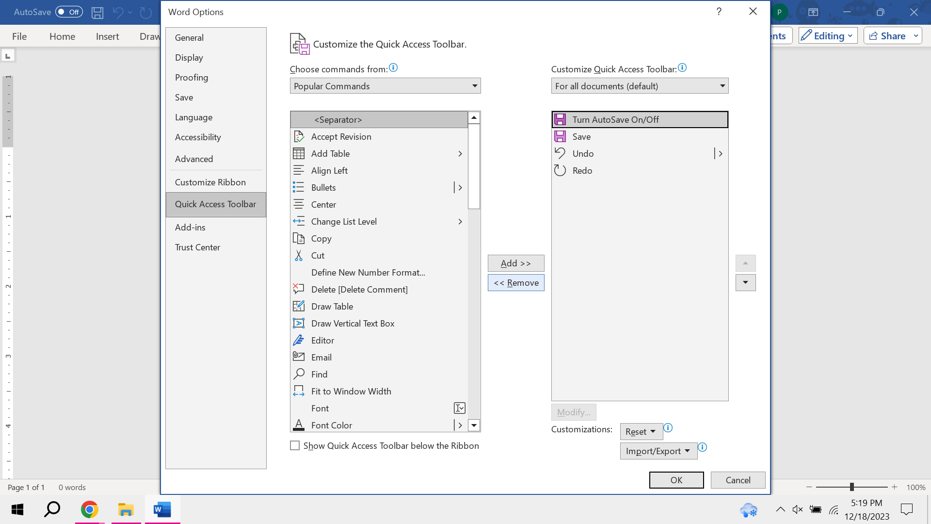 How to get rid of AutoSave in Microsoft Word quick access toolbar