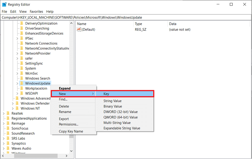 Now, right-click on the new WindowsUpdate folder and select New Key again. | Stop Automatic Updates on Windows 10