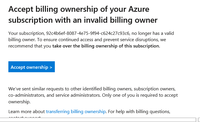 Accept billing ownership of your Azure subscription with an invalid ...