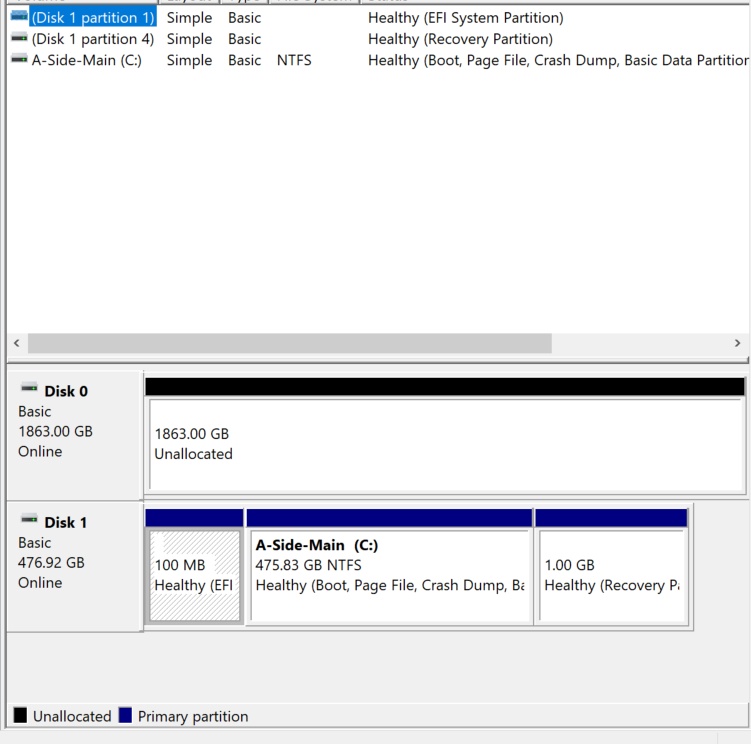Blue question mark on new SSD drive and can not find 