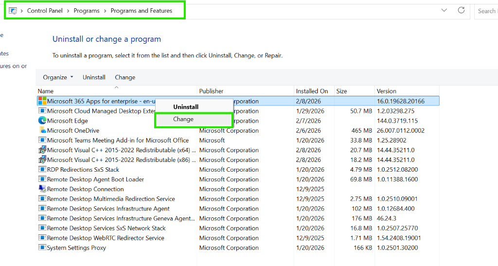 > Control Panel > Programs > Programs and Features V C Search e Uninstall or change a program tes To uninstall a program, select it from the list and then click Uninstall, Change, or Repair. ures on or Organize 