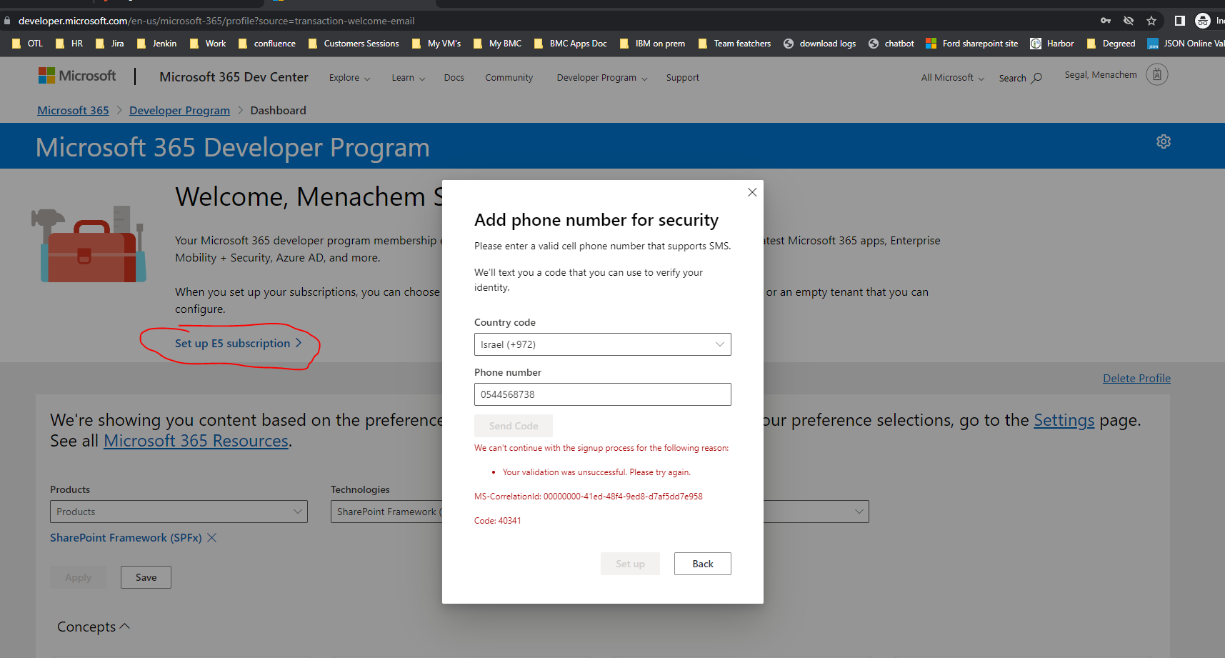 Unable to setup microsoft 365 developer program e5 subscription