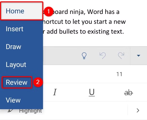 Select "Home" and choose "Review."