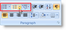 Paragraph group of Home tab showing Numbering button