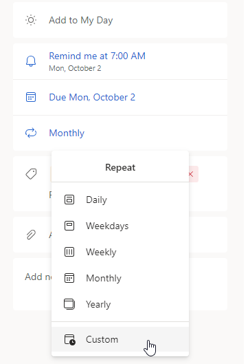 How to get the Custom Repeat option for Weekdays, First Monday, etc ...