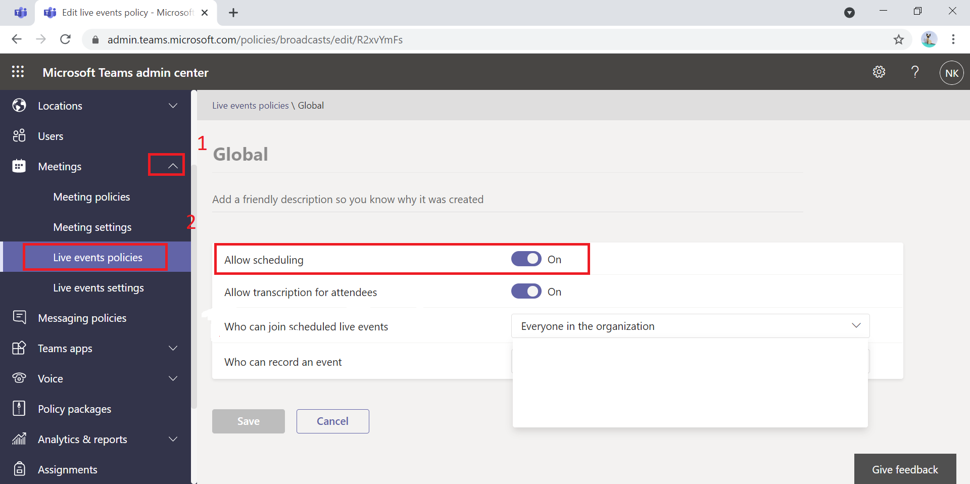 Live Events - The Options is not available - Microsoft Q&A