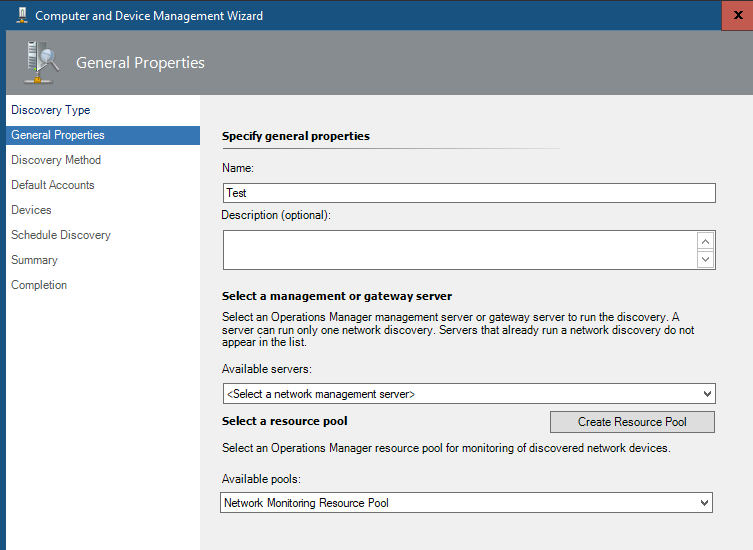 Network devices dedicated SCOM MS server missing