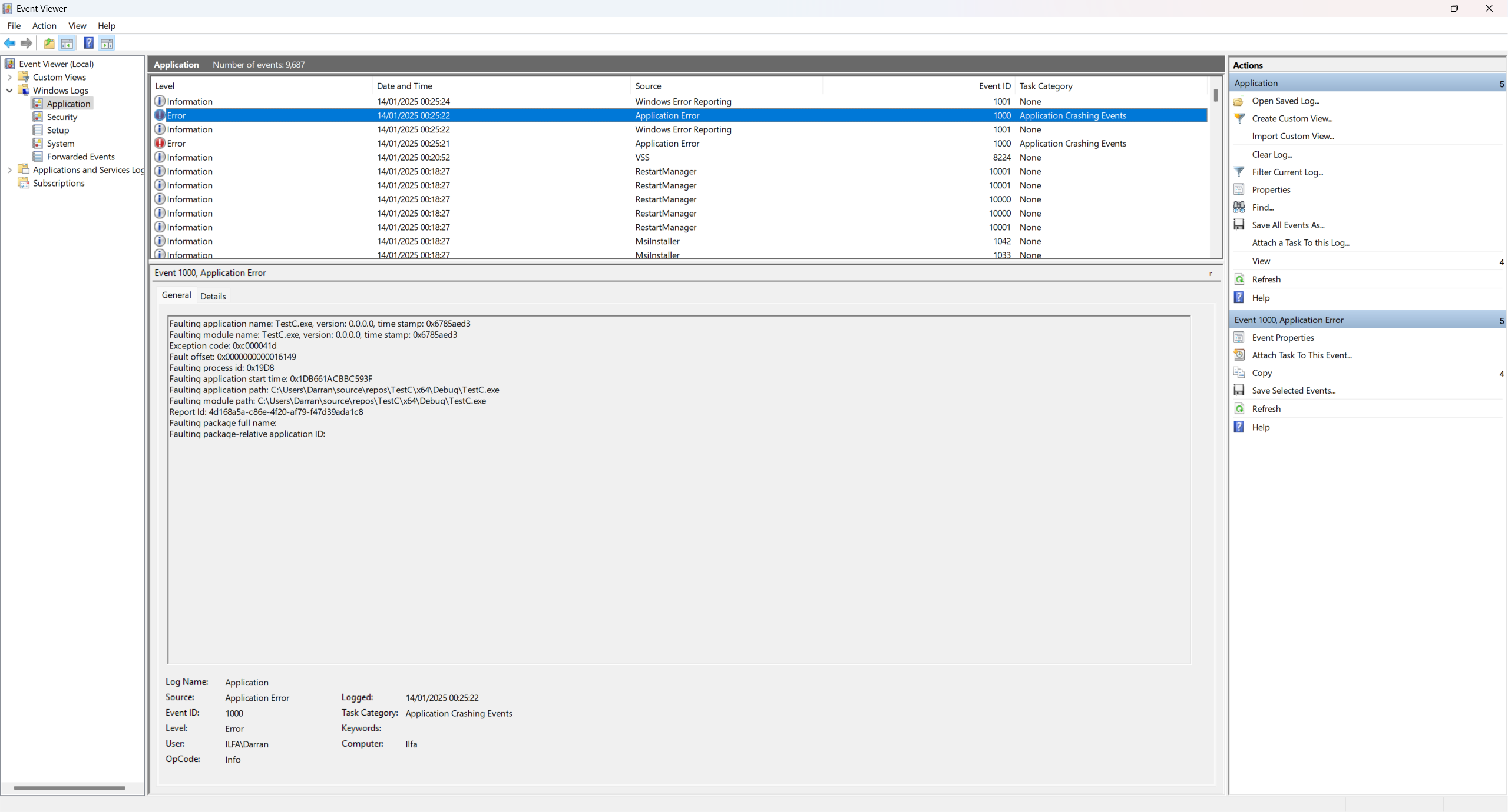 Event Viewer screenshot showing a 0xC000041D exception code.