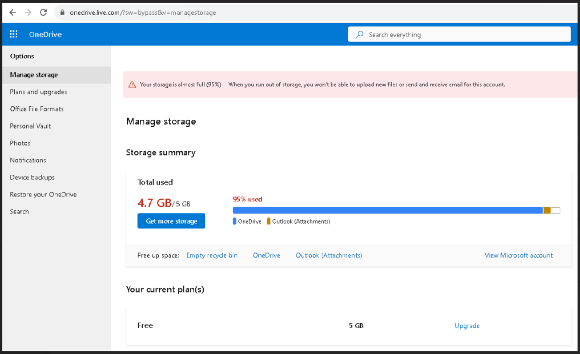 I keep getting the message; "You're over your Microsoft storage limit ...