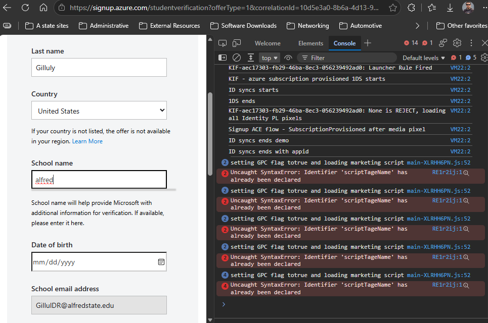 Azure for Education Sign-up form does not work - Microsoft Q&A