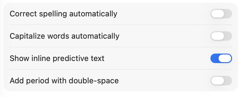 Partial screenshot of MacOS System settings related to automatically correcting text