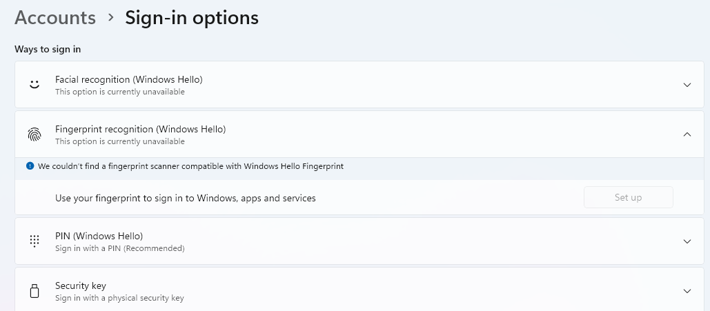 Fingerprint login disappeared from sign-in options - Microsoft Q&A