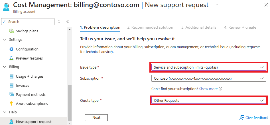 Cost management new support request blade