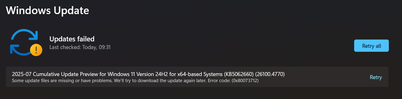 I am not able to install the 2025-07 Cumulative Update