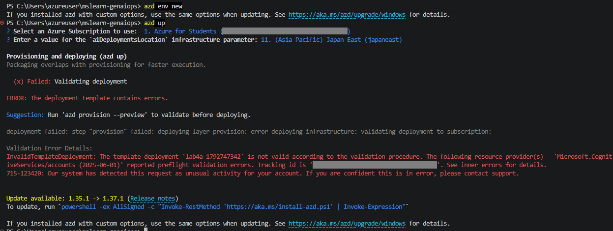 Azure for Students – Foundry deployment blocked by error 715-123420 ...