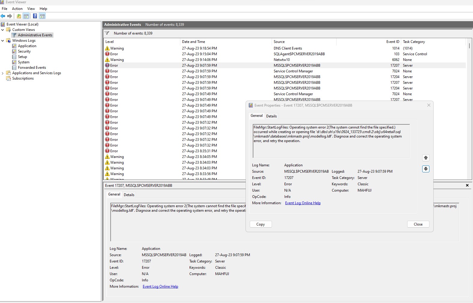Event viewer error log list