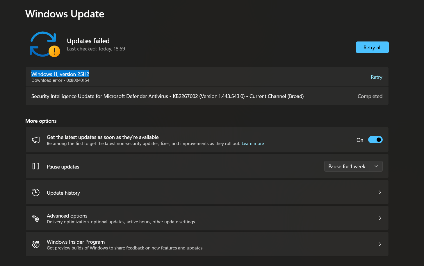 the pending update is not installing its getting failed again and agian ...