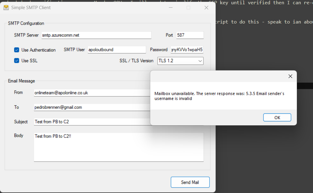 ACS and SMTP not sending test emails or authenticating - Microsoft Q&A