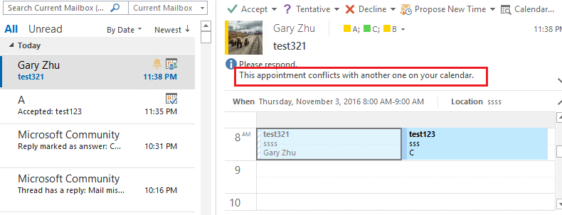 Outlook 2016 meeting request conflicts - Microsoft Q&A