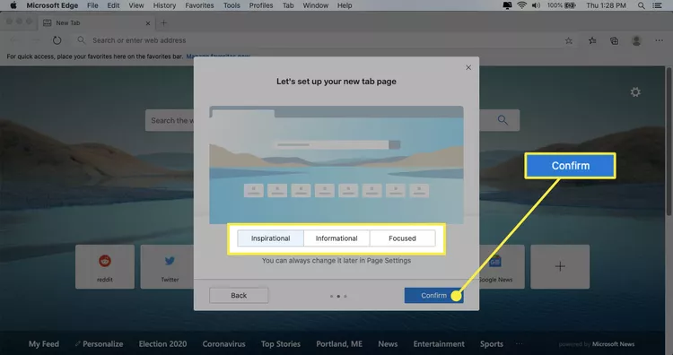 The Edge setup screen with the New Tab options and Confirm button highlighted