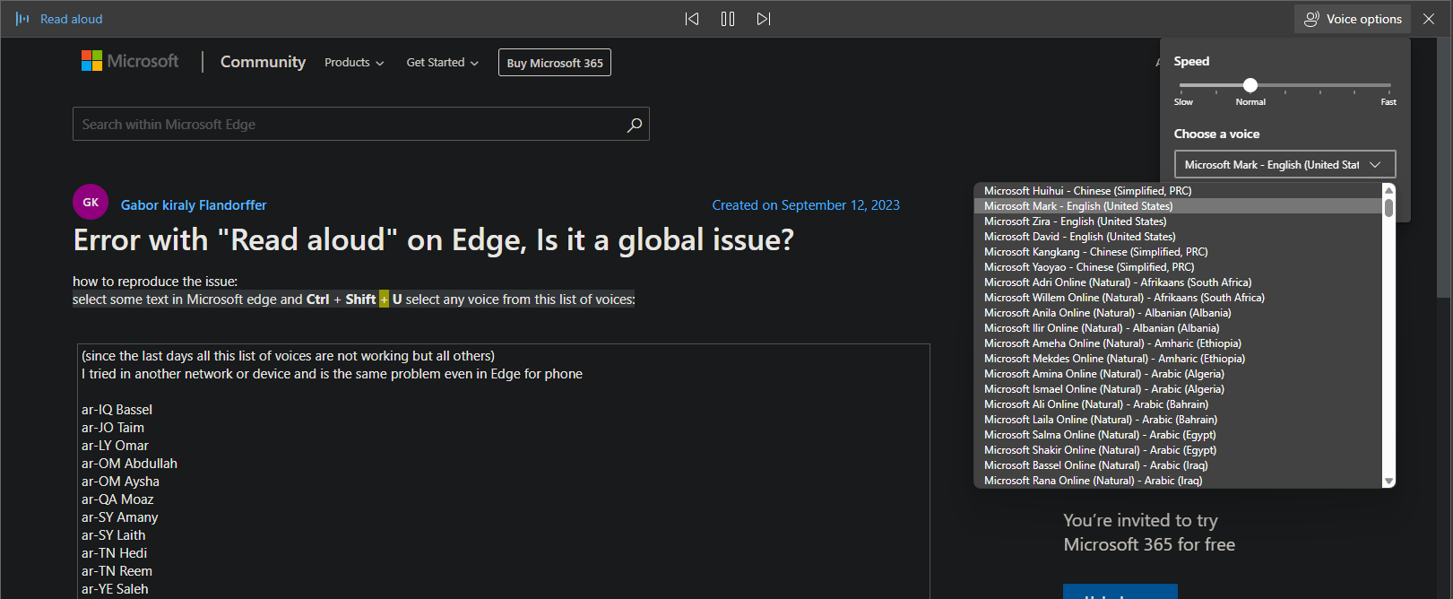 Error with "Read aloud" on Edge, Is it a global issue? - Microsoft Q&A