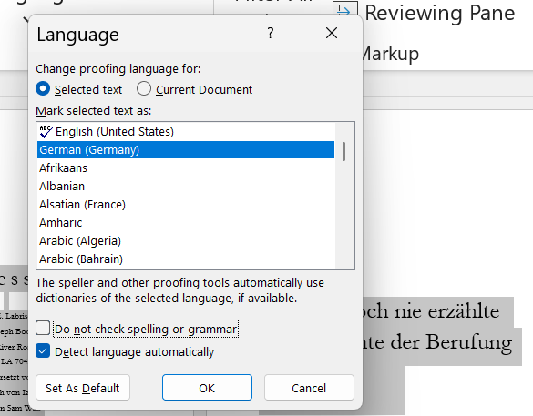 MS Word - German text - selected text