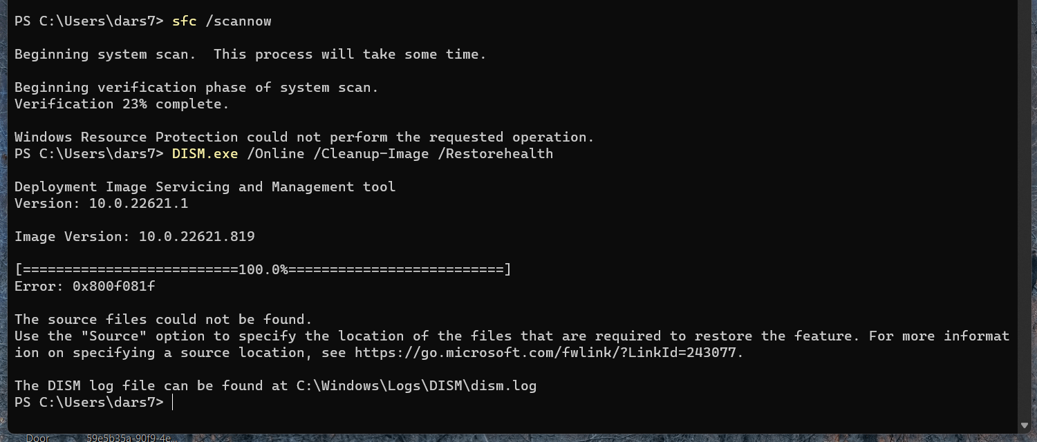 can't do restore health and error with the system scan - Microsoft Q&A
