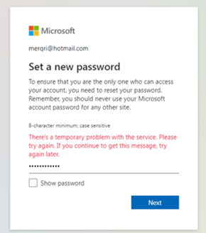 I cant reset my password as it states there is 'a temporary problem ...