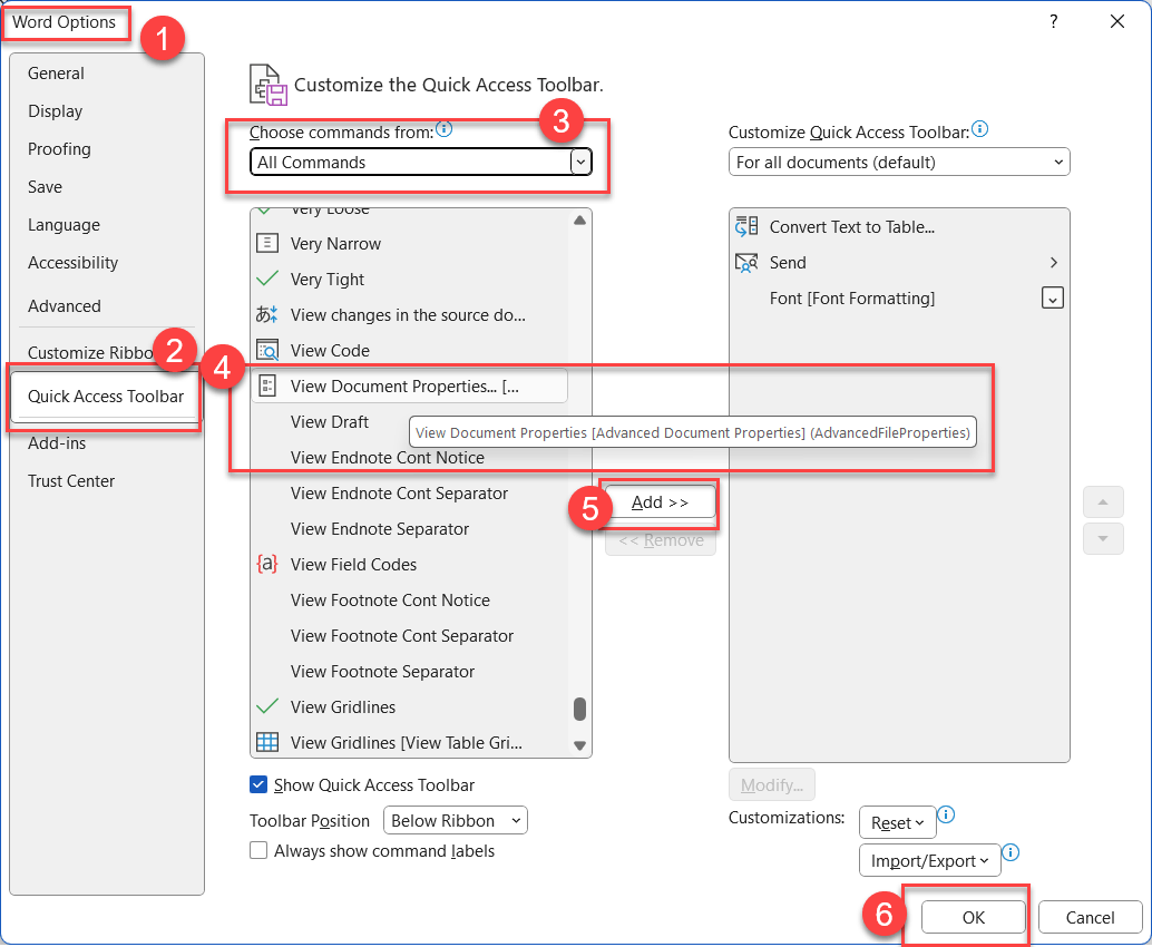 "Additional properties of document" button on Quick access toolbar ...