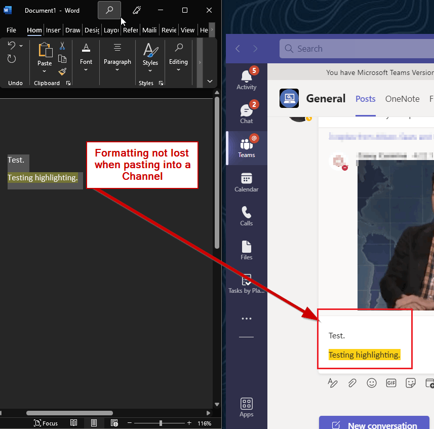 Copied text formatting lost when pasting into a 1-on-1 teams chat ...