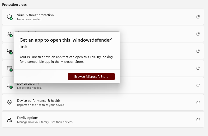 How to fix get an app to open this 'windowsdefender' link - Microsoft Q&A