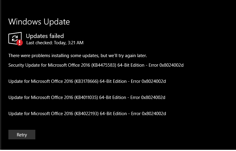 error 有機酸 Office 2016 updates 
