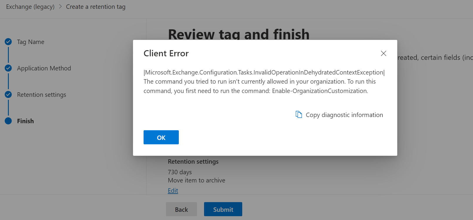 Not able to create retention TAG. Tenant Created around 2 weeks back ...