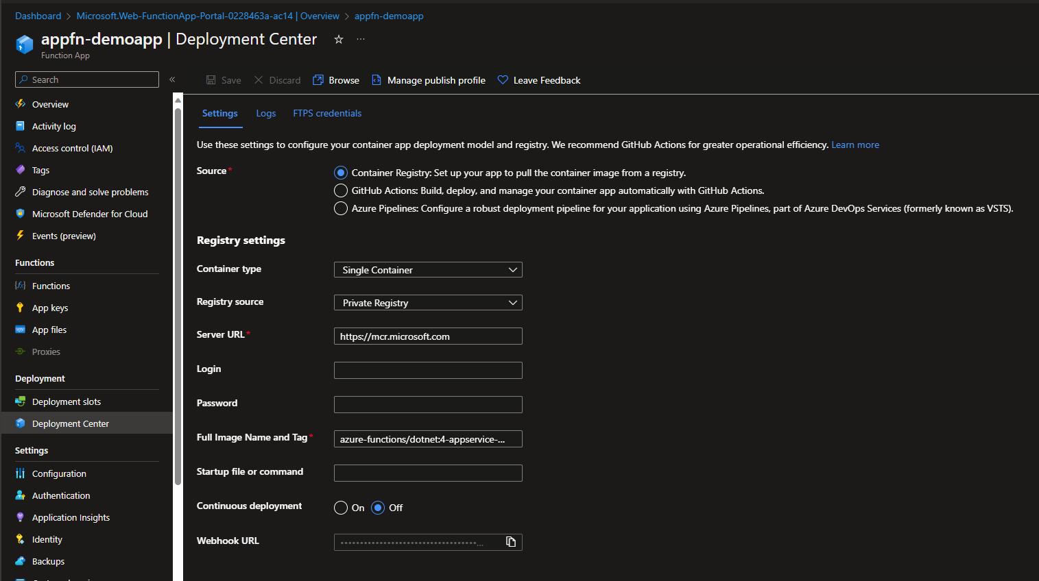 Azure Function Deployment Center for container app