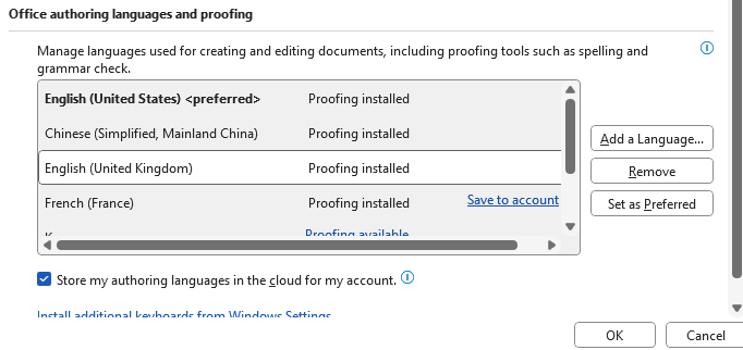 Select which languages are at the top of the proofing language list ...