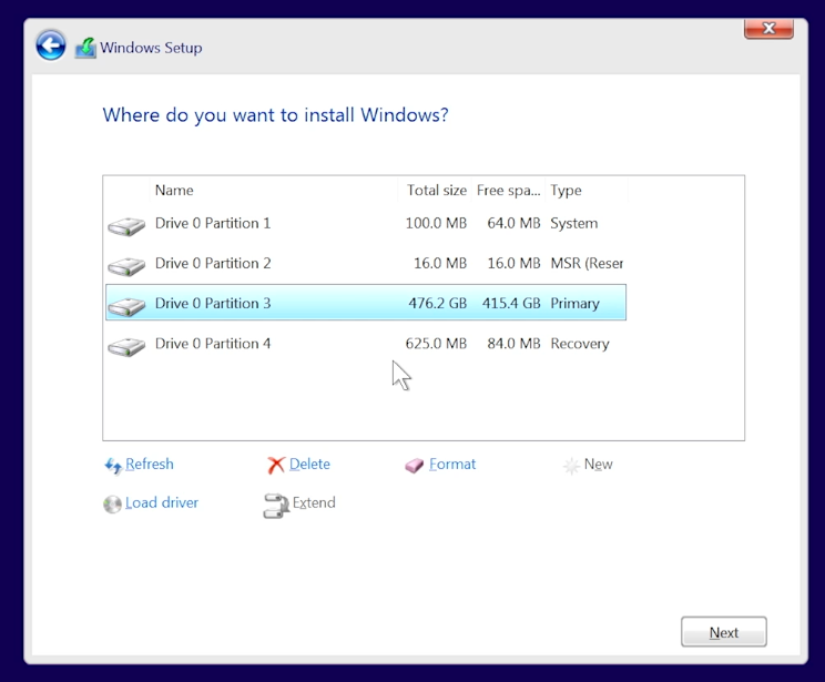 מסך בחירת מחיצה ב-Windows Setup